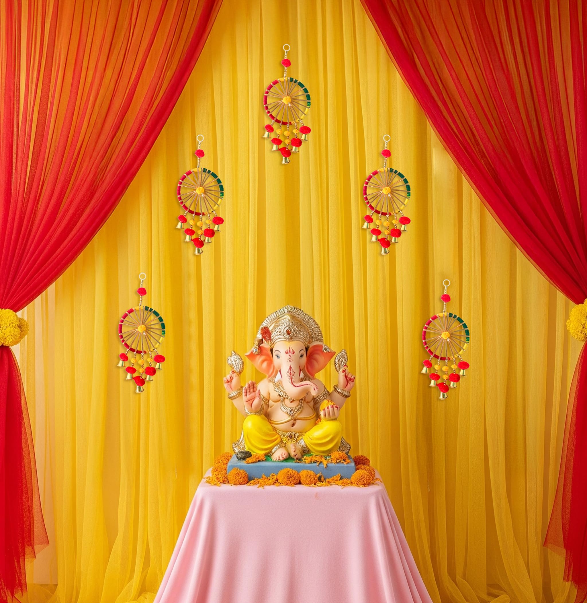 Red & yellow backdrop to adorn your puja space
