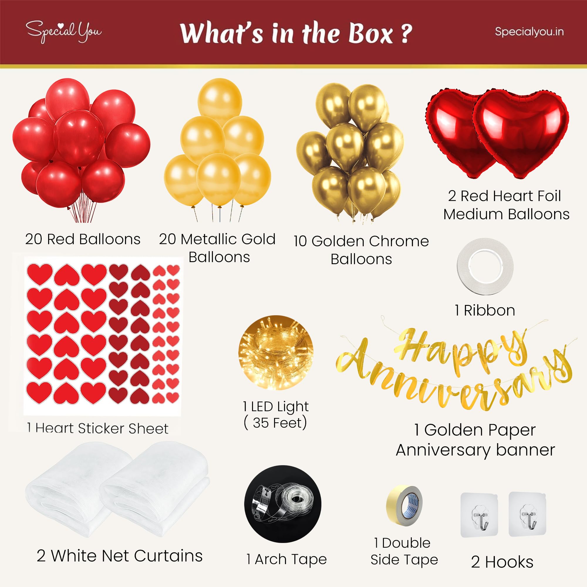 Red and Golden theme Balloons for Happy Anniversary