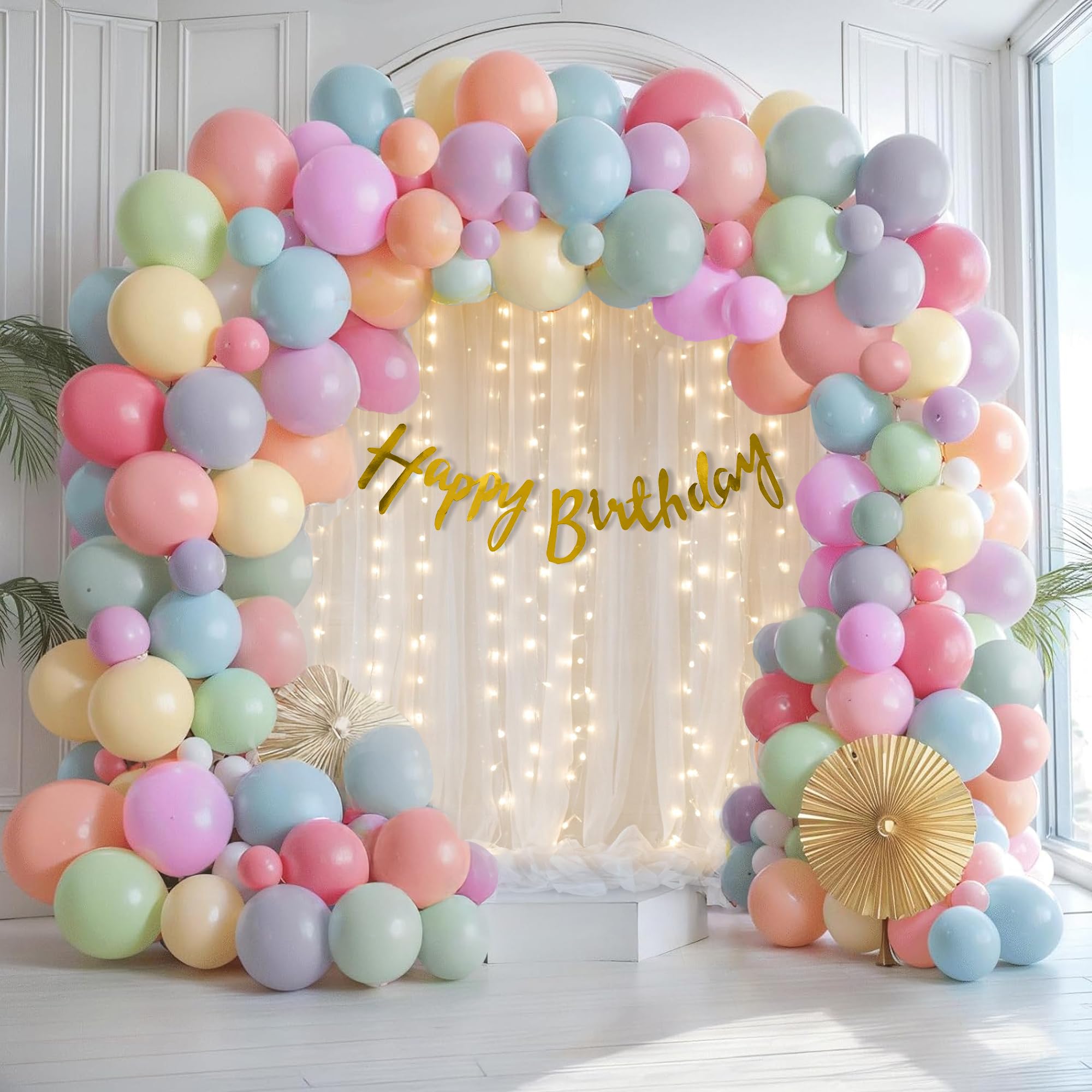 Rainbow Theme Birthday Decoration kit with White Curtains