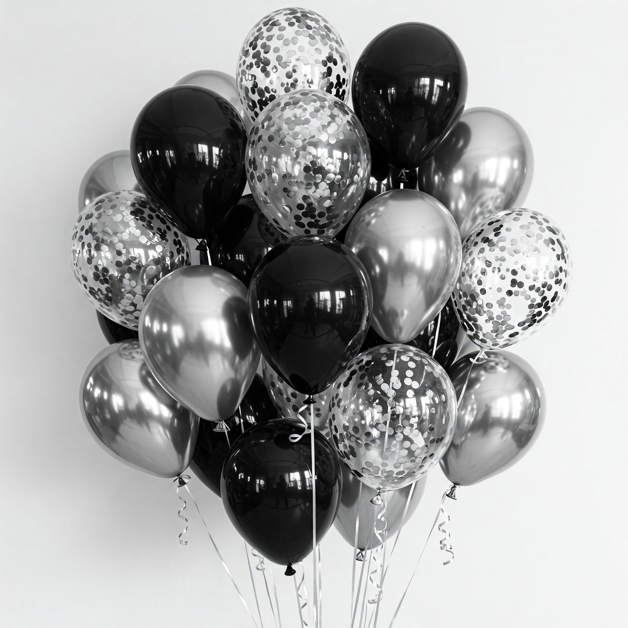Black, Chrome Silver & Silver Confetti Balloons Decoration Kit