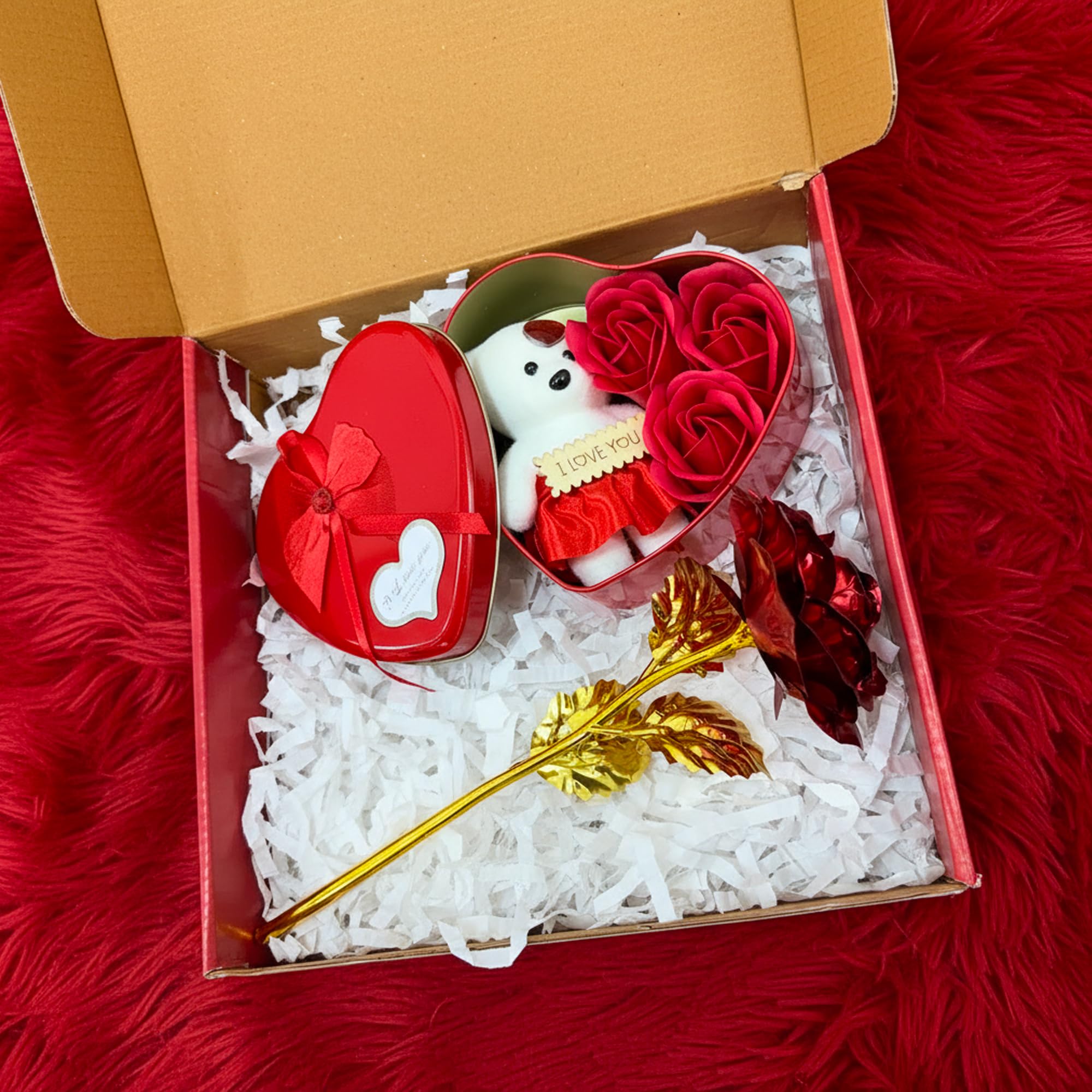 Teddy Box & Red Metal Rose