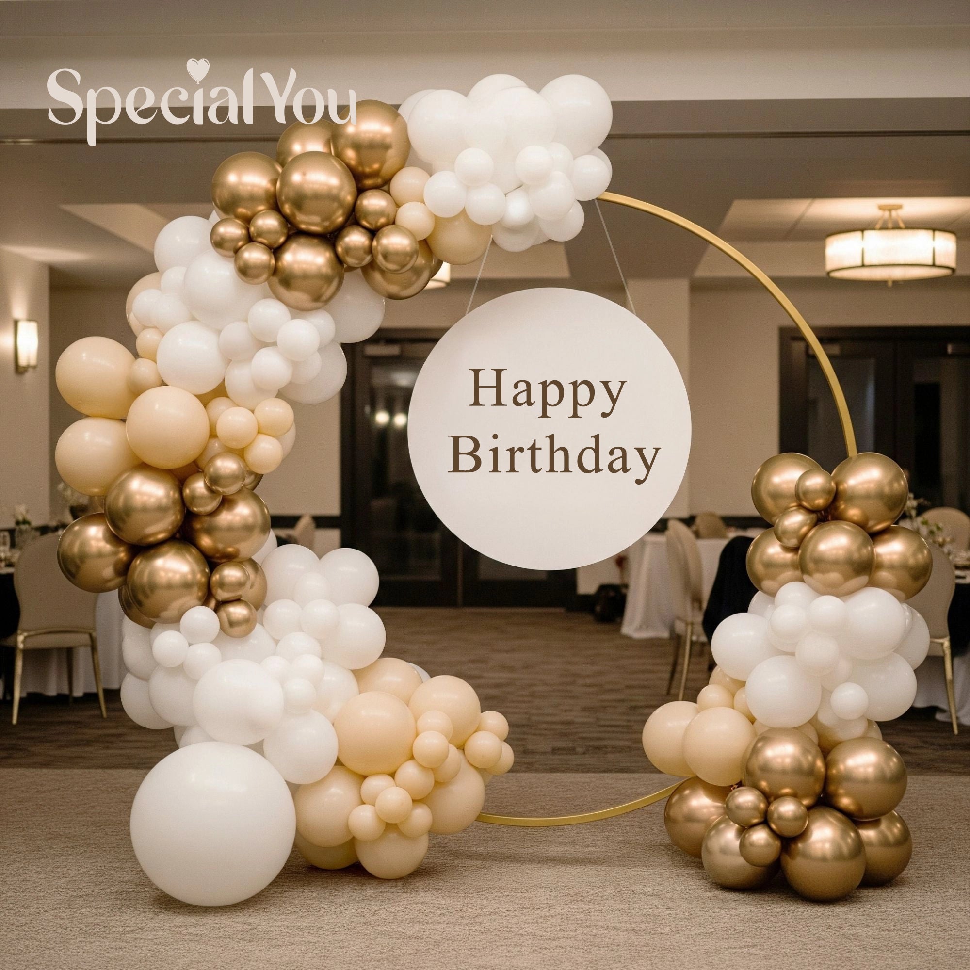 Gold & White Happy Birthday Balloon Decoration