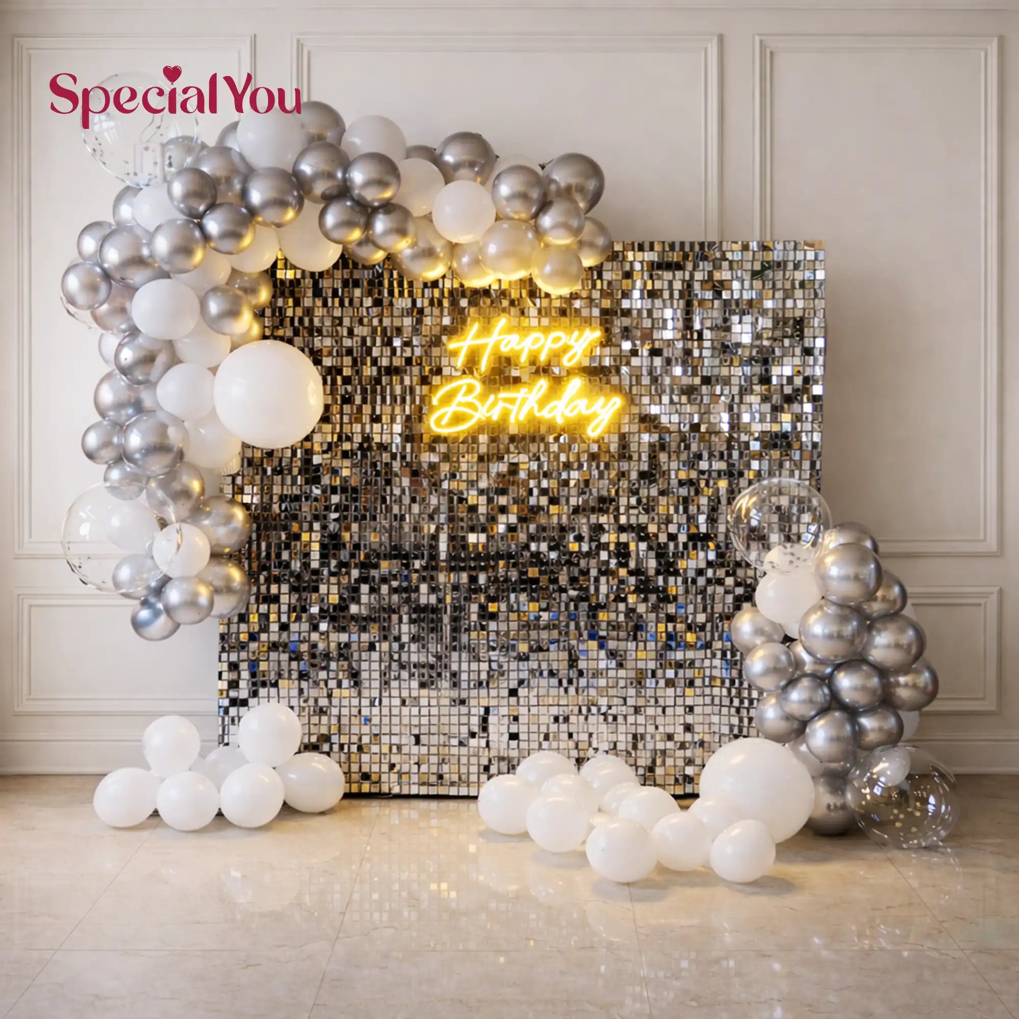 Silver White Sequin Panel Backdrop Decoration Setup