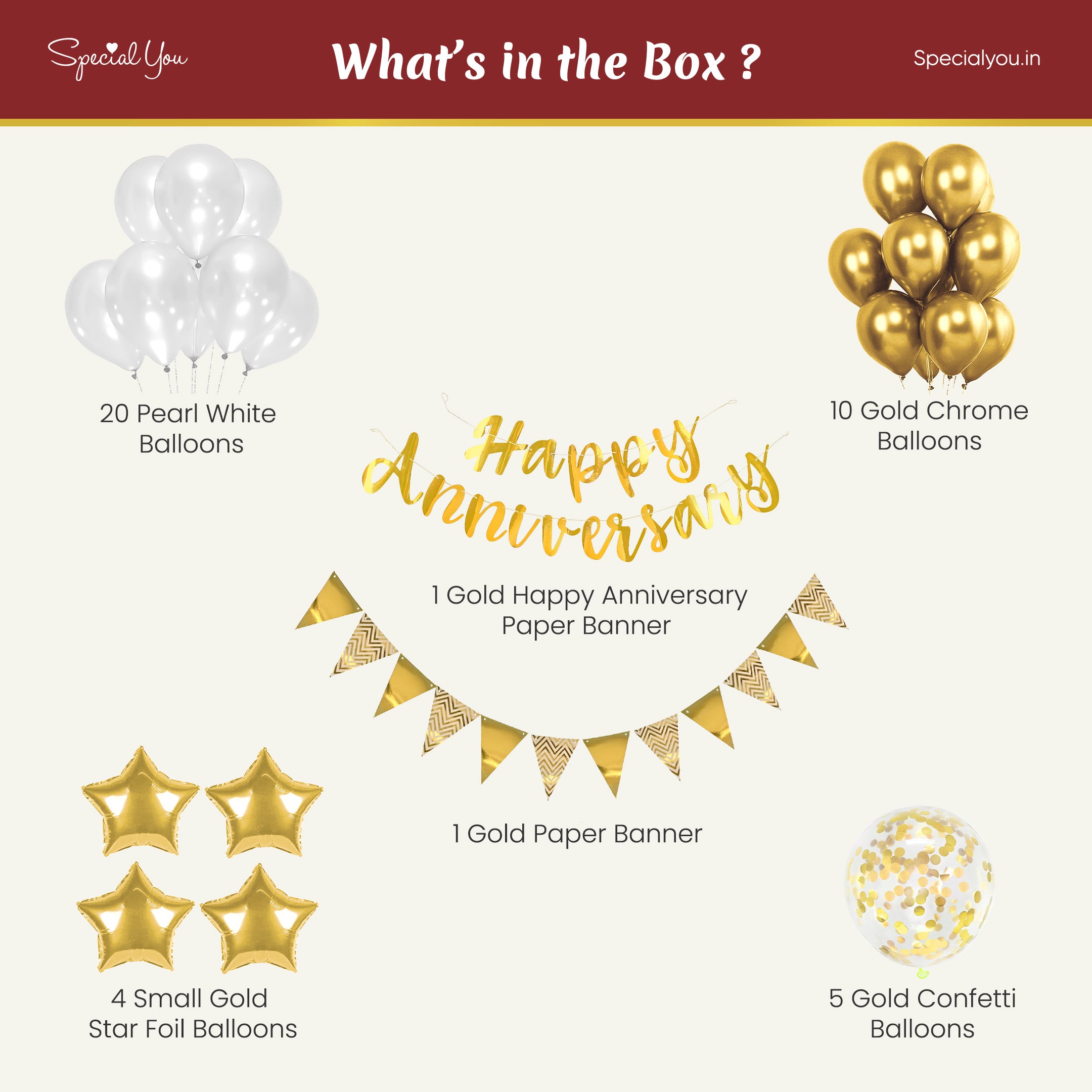 Happy Anniversary Balloon – Gold & White Theme