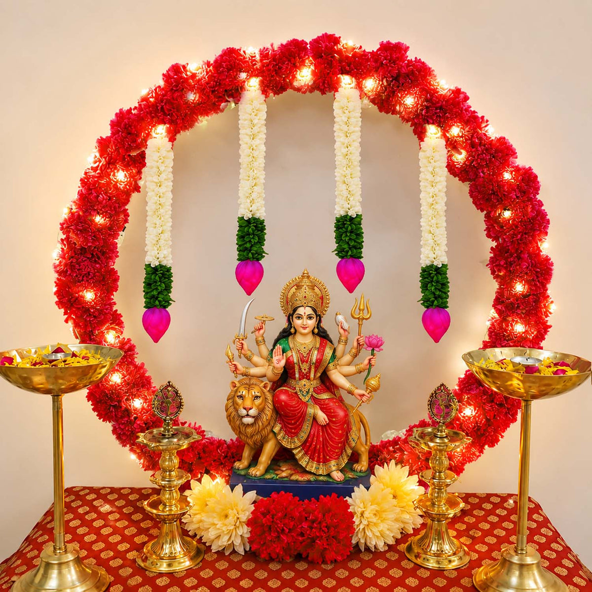 Red Marigold Ring Backdrop Decoration Kit with Lotus Bud Hangings