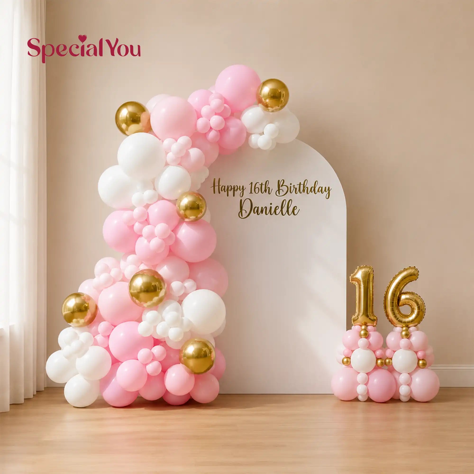 Pink and Gold 16th Birthday Decoration Setup