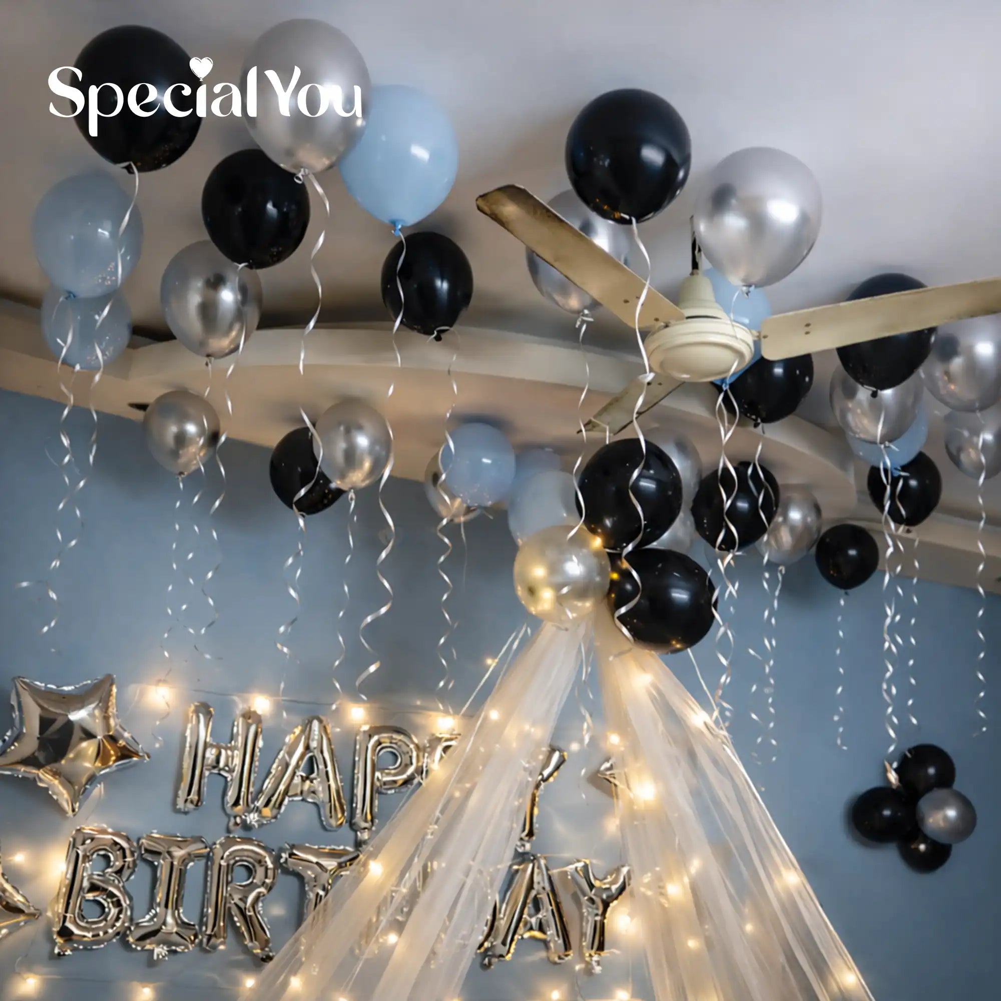 Romantic Black Silver Birthday Bed Decor