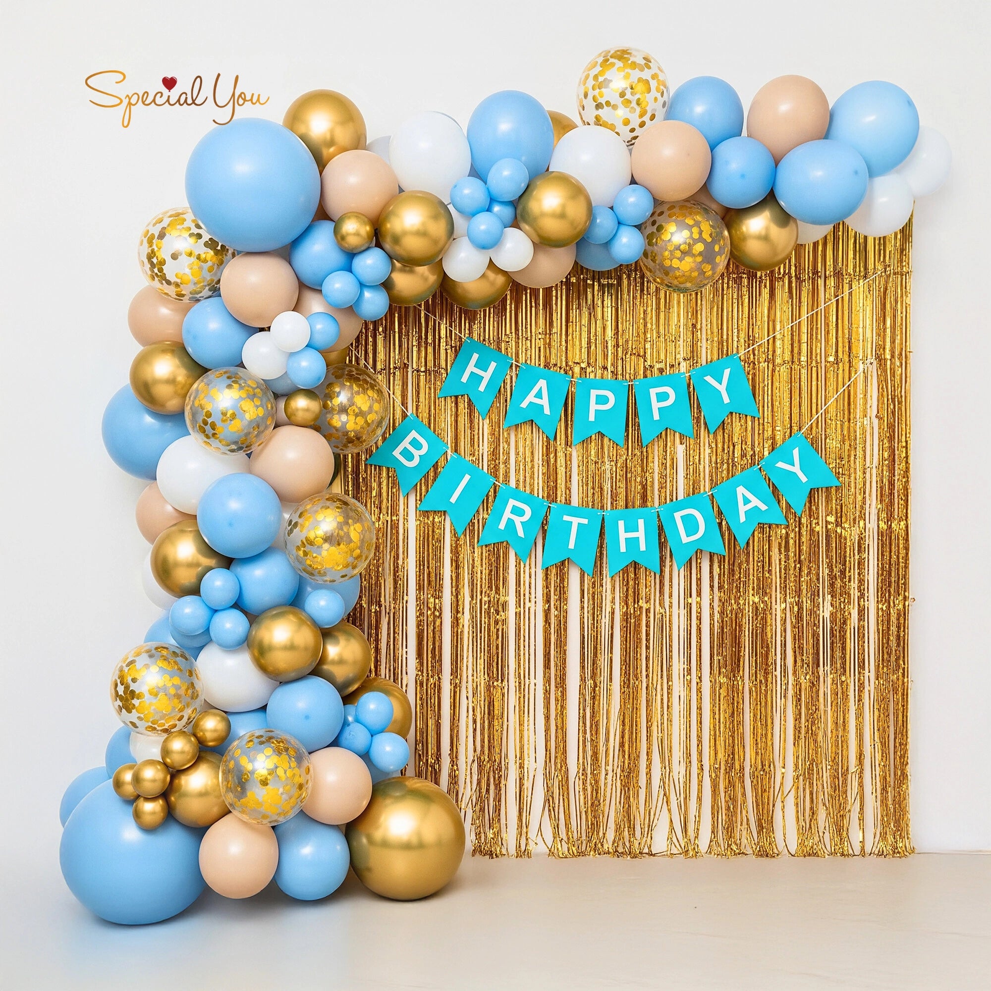 Blue & Gold Birthday Balloon Arch Decor