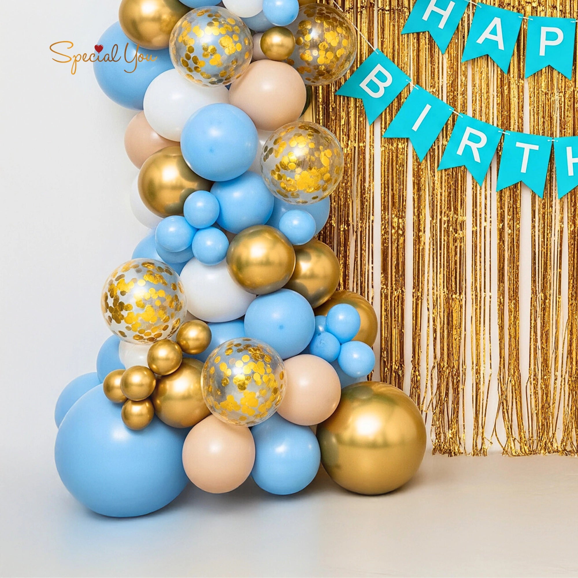 Blue & Gold Birthday Balloon Arch Decor