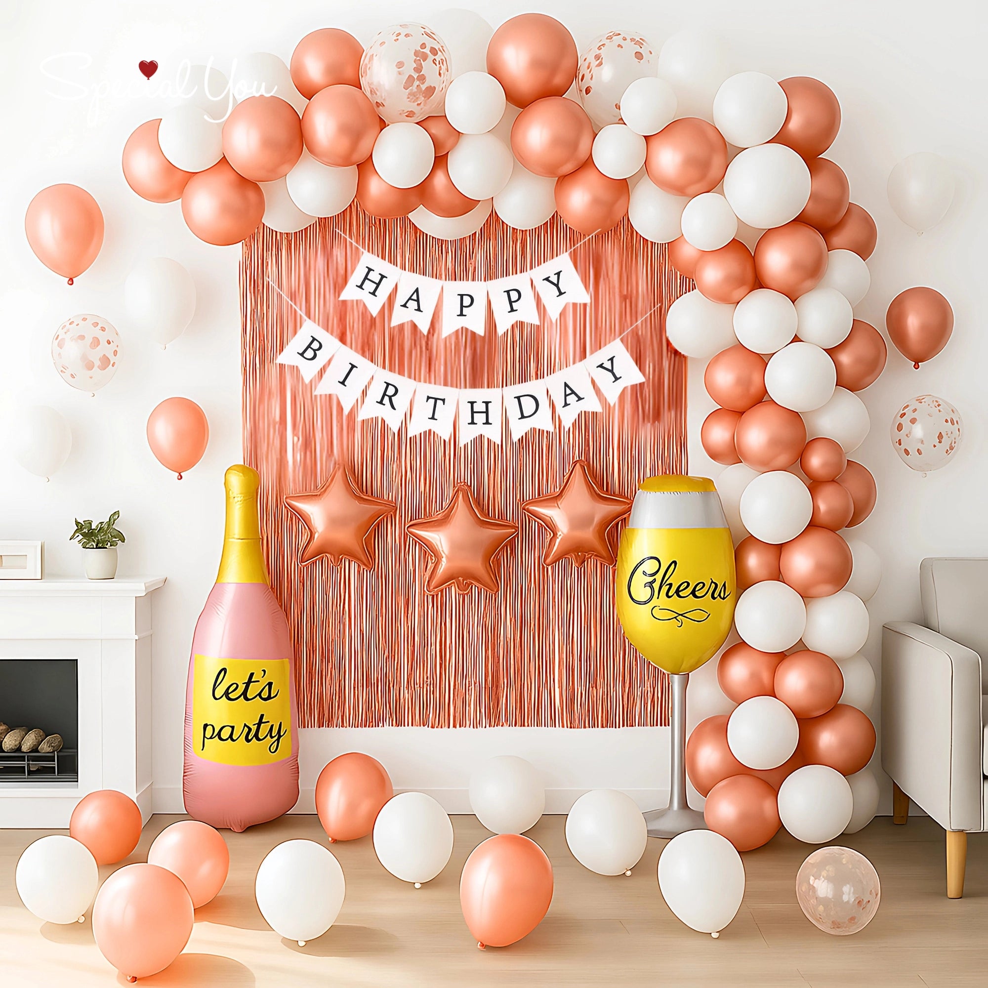 Rose Gold & White with Cheers Decor