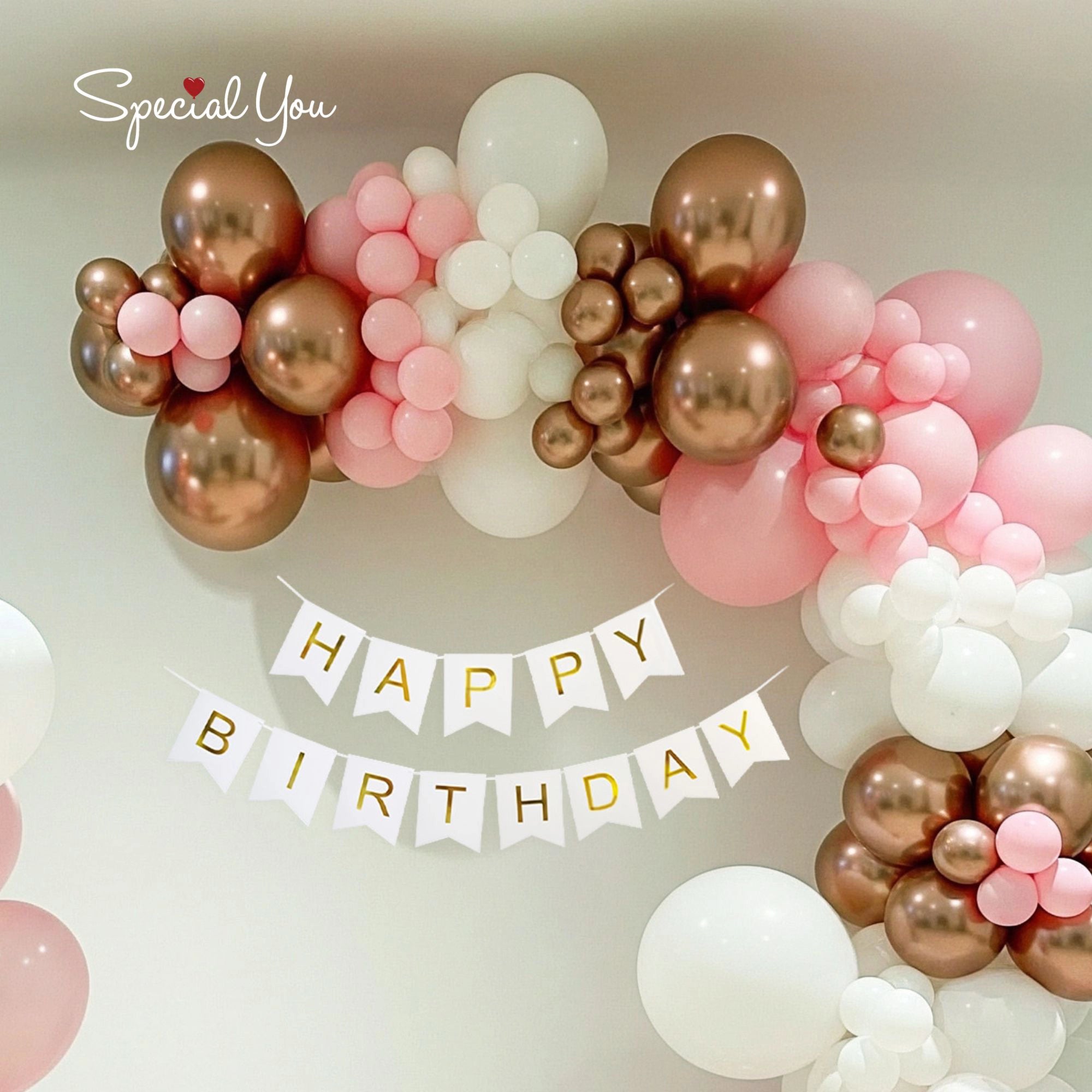 Pink & Golden Birthday Balloon Arch Decor