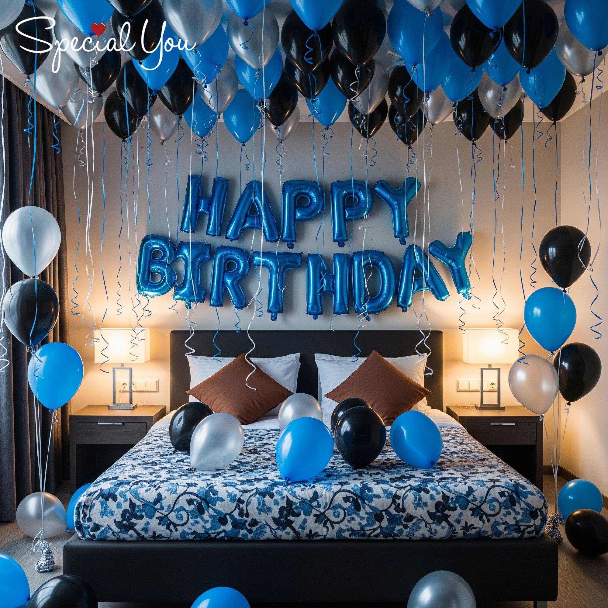 Blue & Silver Birthday Balloon Room Decor