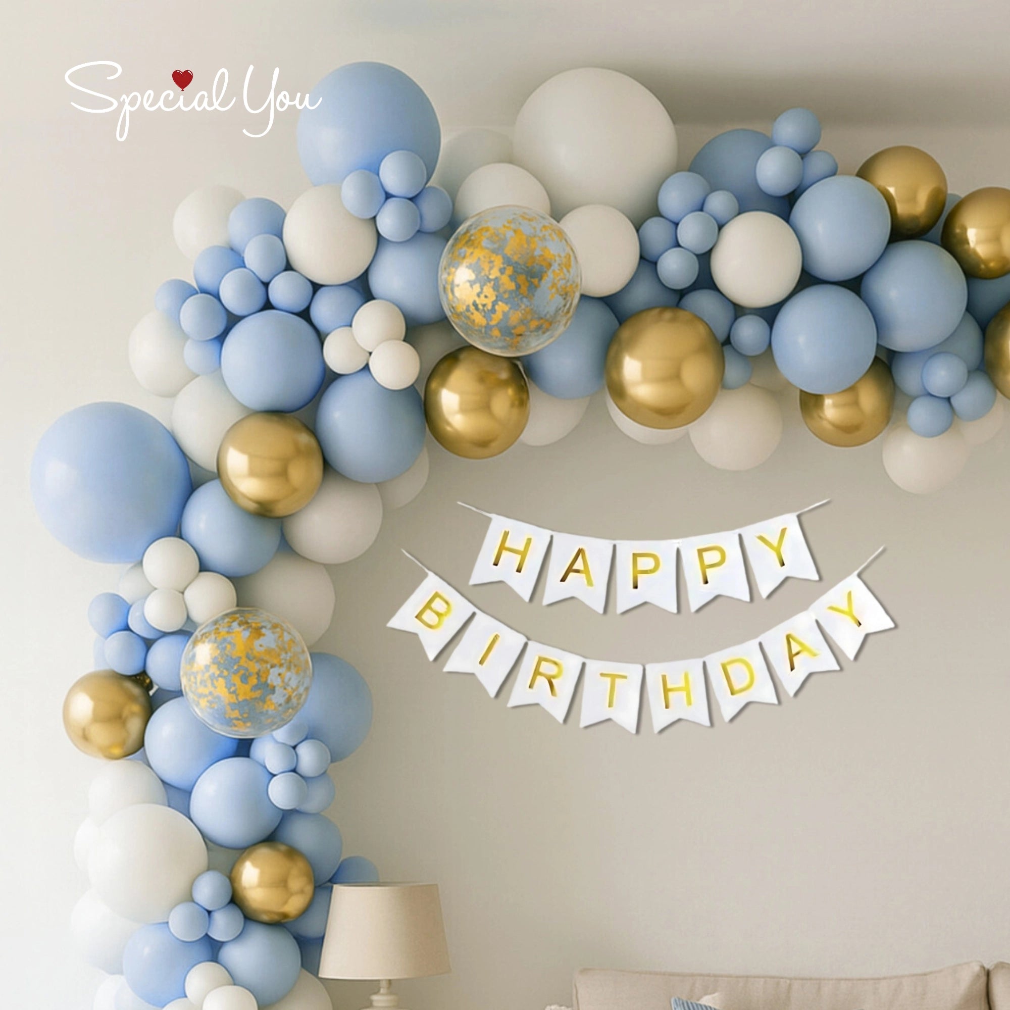 Blue & Gold Balloon Arch Decor