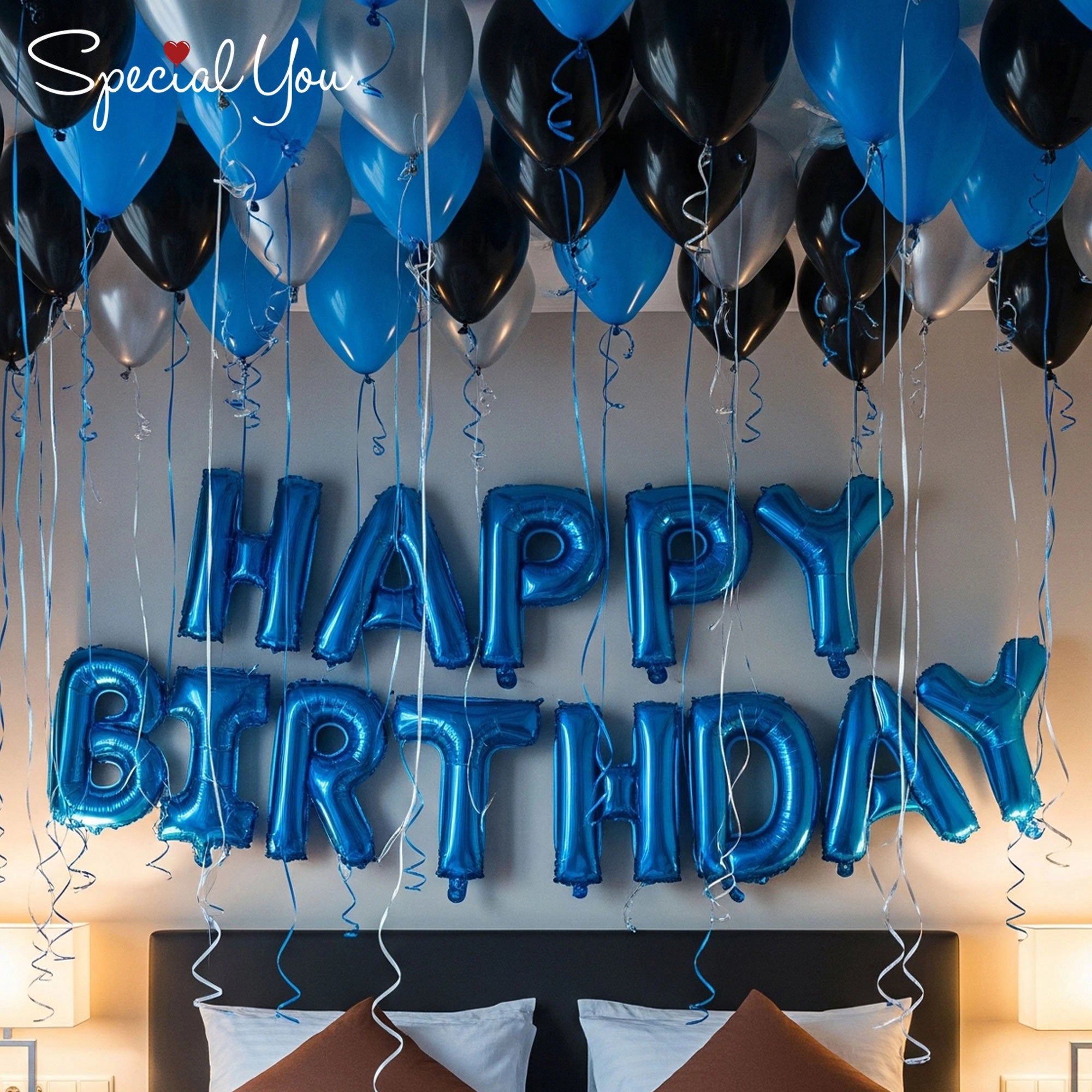 Blue & Silver Birthday Balloon Room Decor