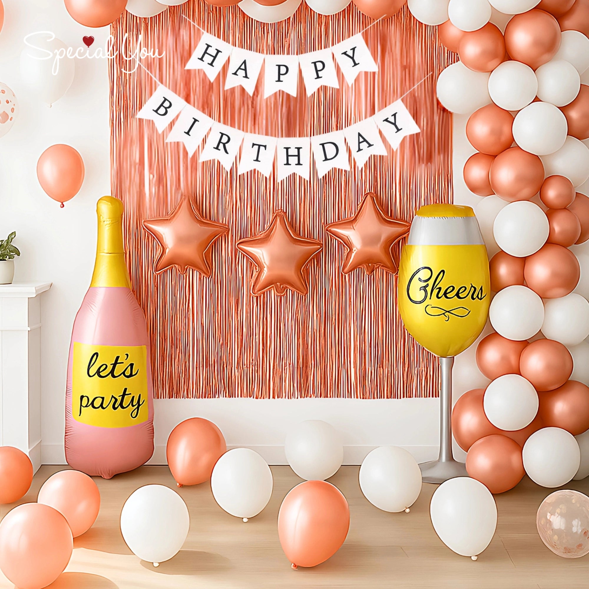 Rose Gold & White with Cheers Decor