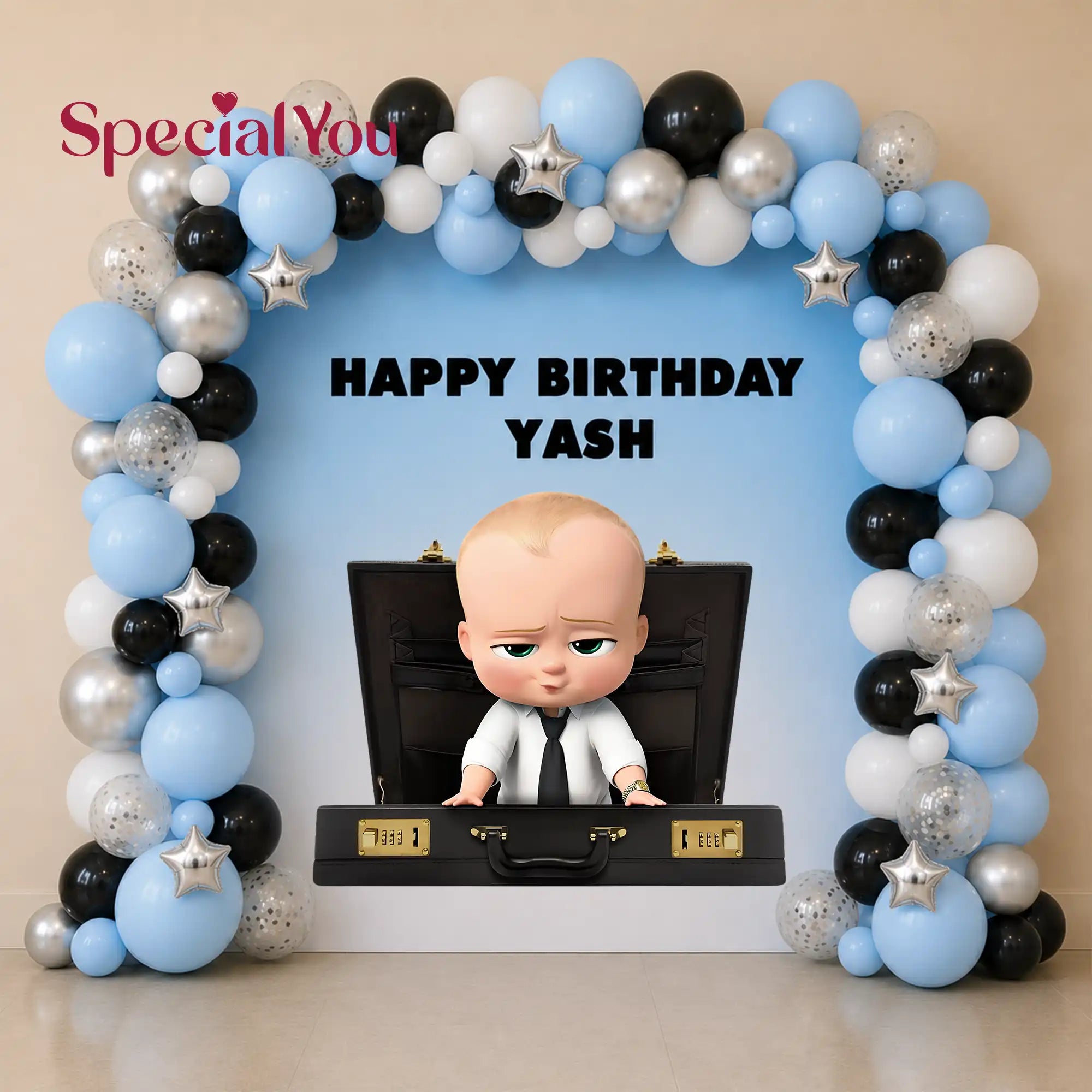 Boss Baby Balloon Arch Birthday Setup