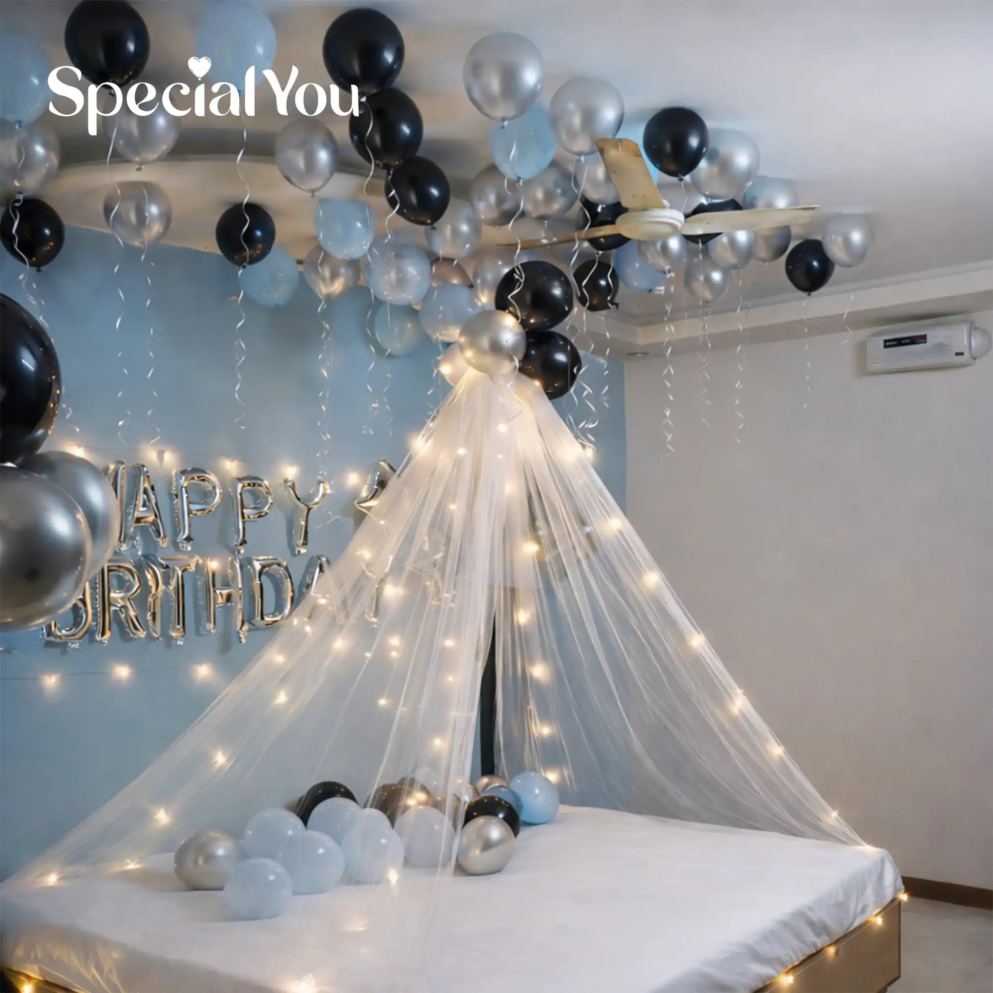 Romantic Black Silver Birthday Bed Decor