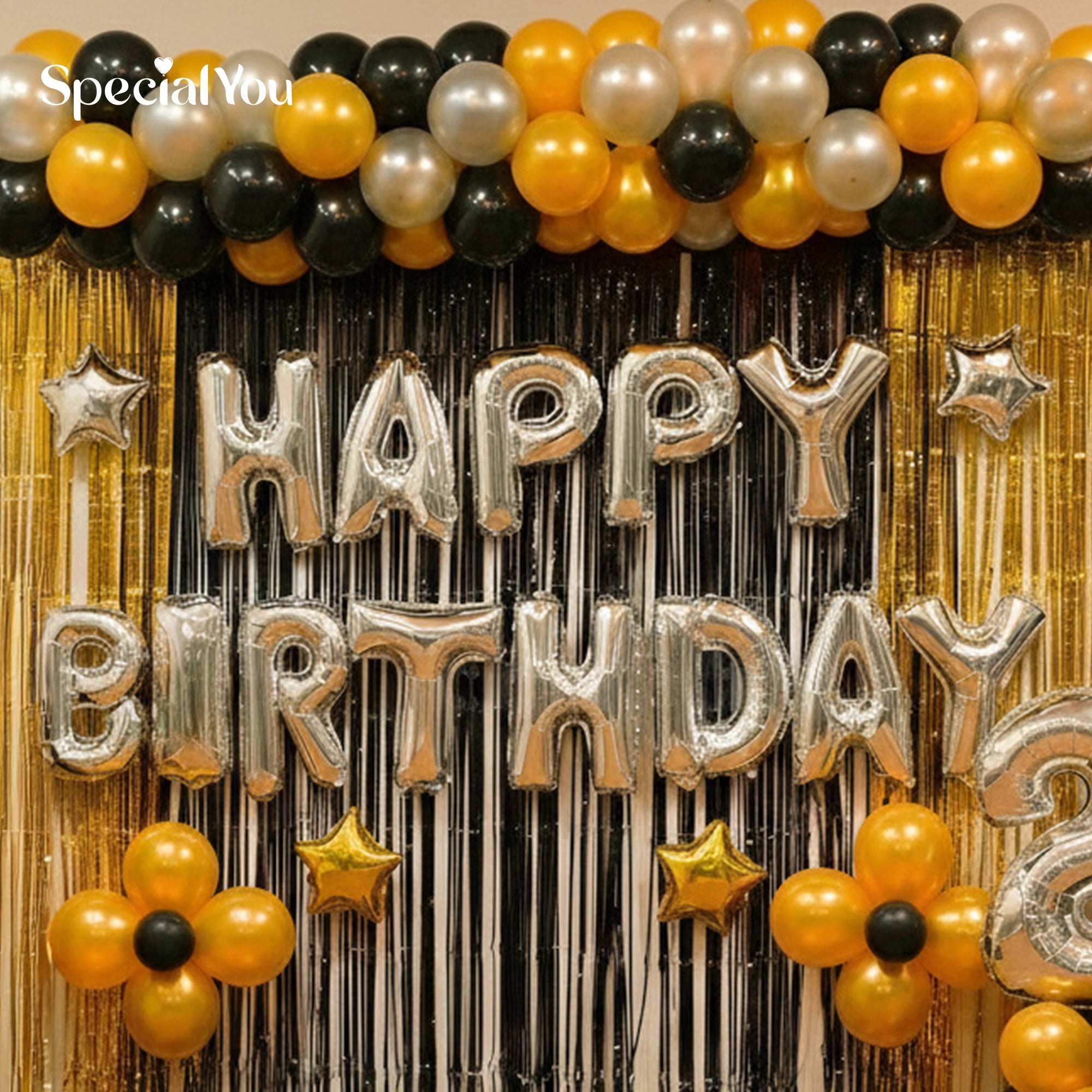Happy Birthday Decoration in Black & Gold Balloons