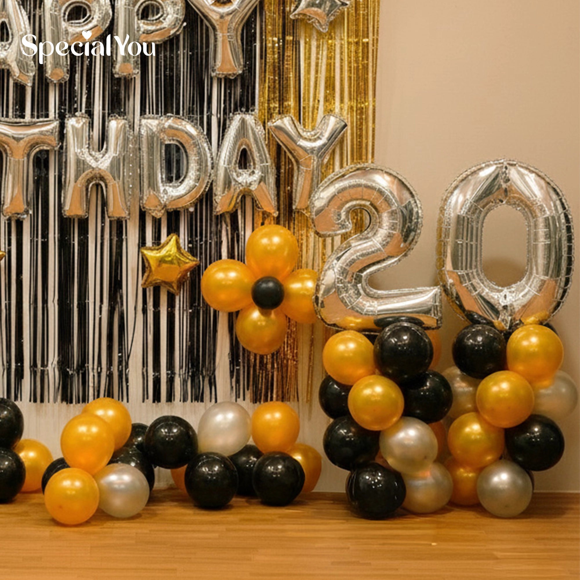 Happy Birthday Decoration in Black & Gold Balloons