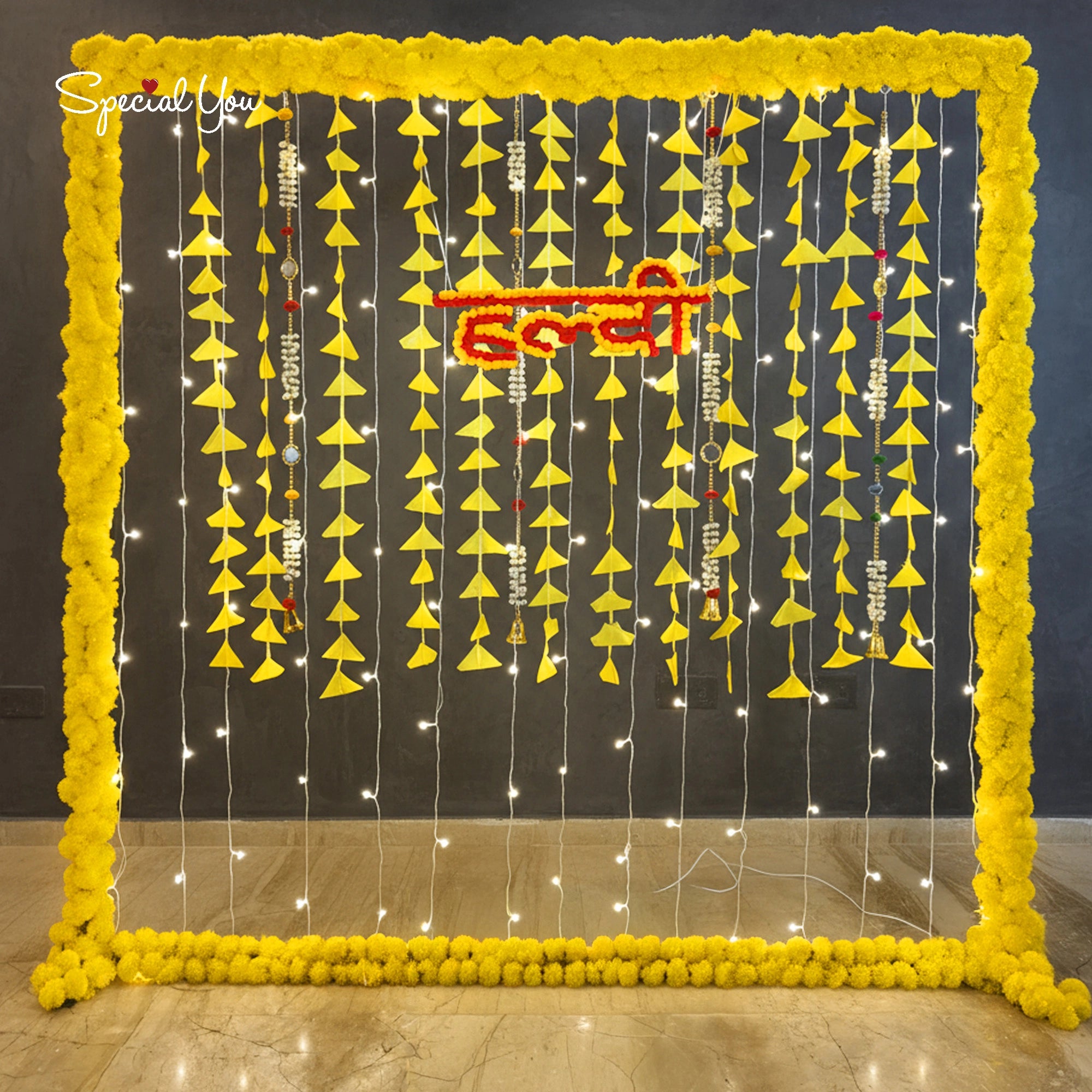 Haldi Ceremony Decor with Marigold & Lights