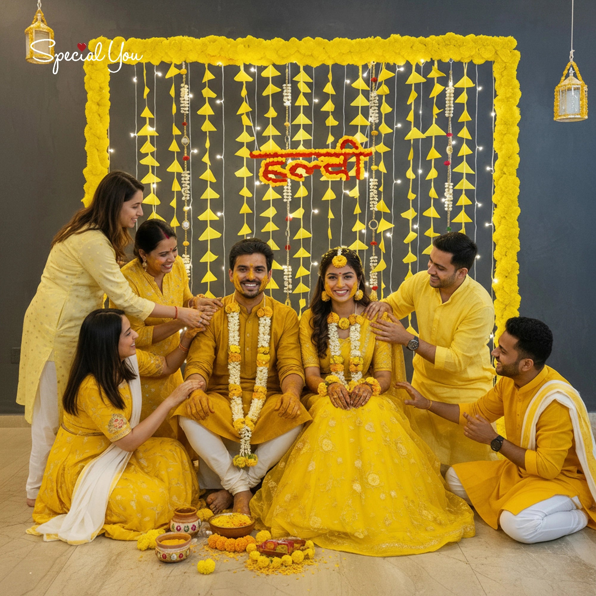 Haldi Ceremony Decor with Marigold & Lights