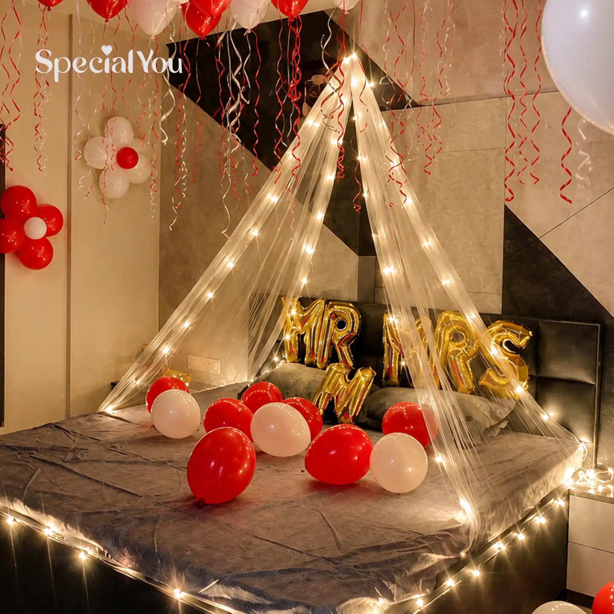 Romantic Canopy Bed Decor with Red Balloons & Lights