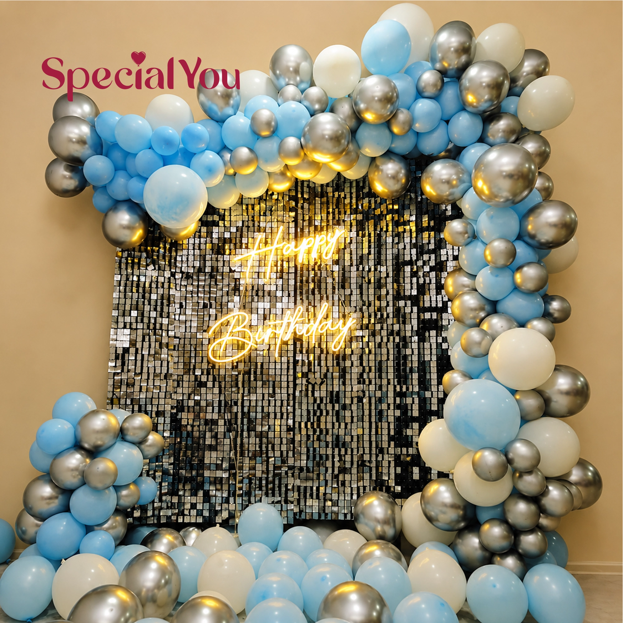 Blue & Silver Theme Birthday Decoration with LED Backdrop
