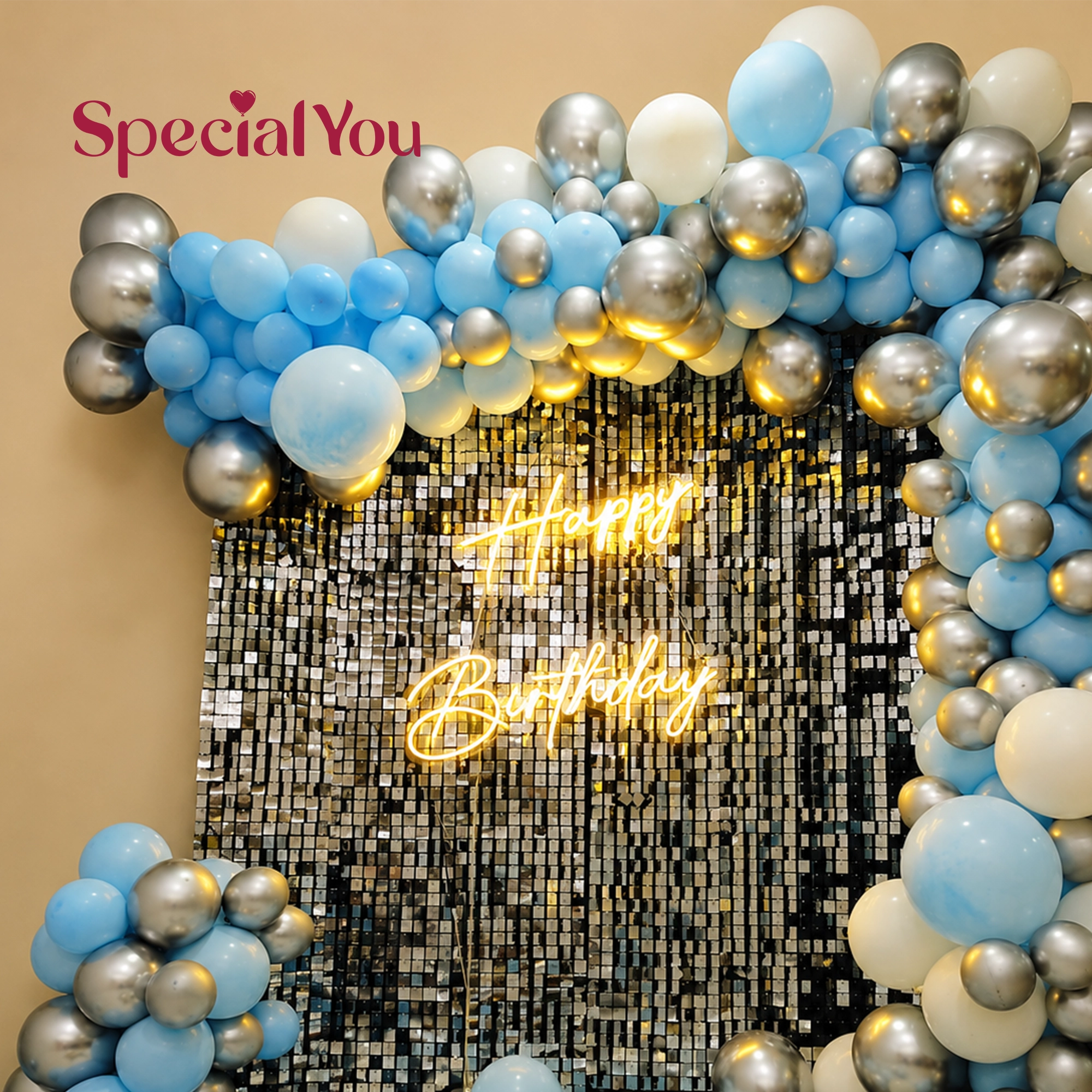 Blue & Silver Theme Birthday Decoration with LED Backdrop