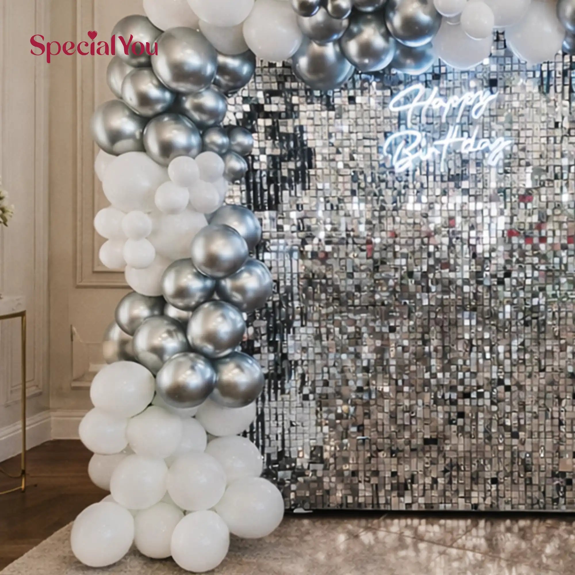 Silver White Luxury Birthday Balloon Backdrop Decoration