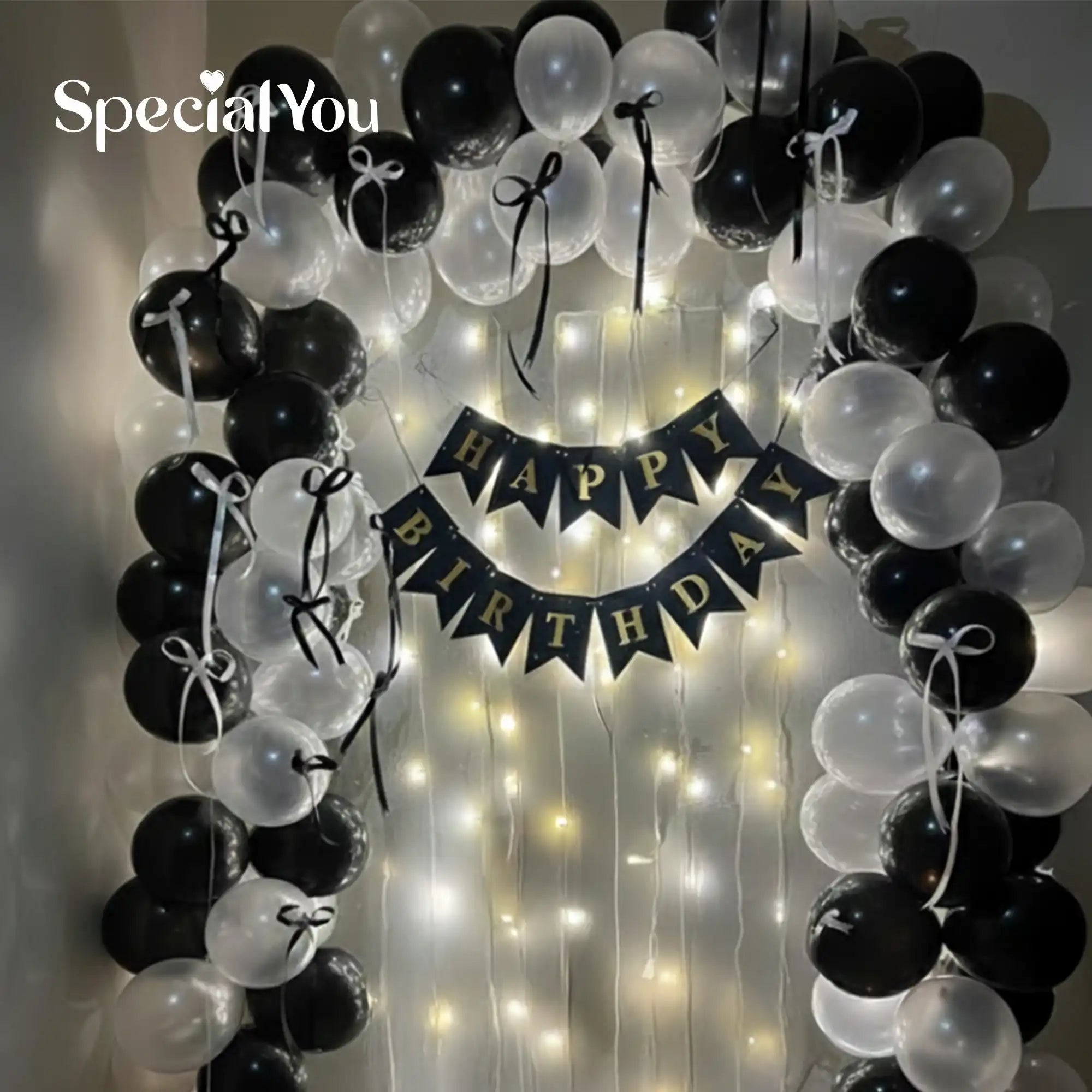 Black & White Balloon Decoration with Fairy Lights