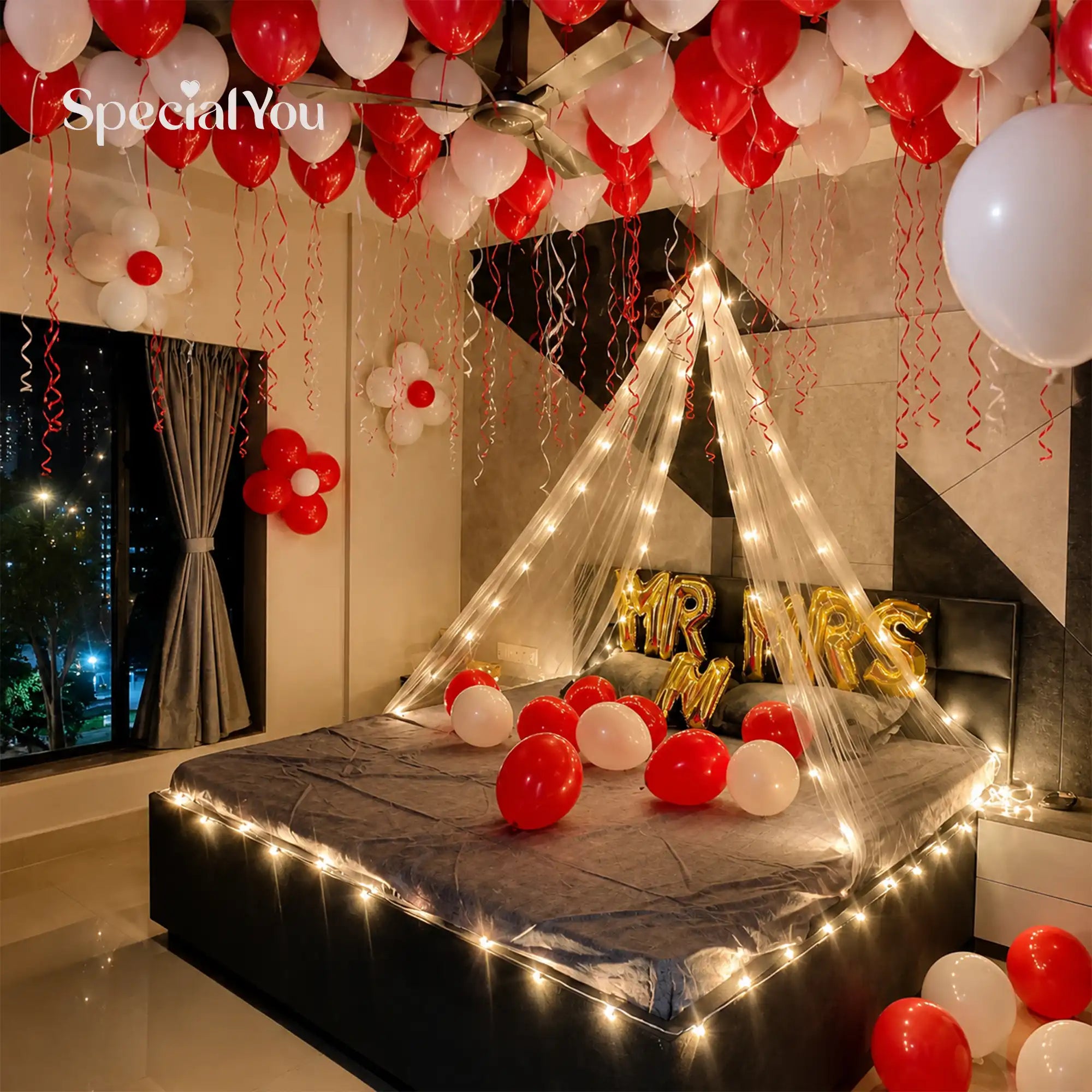 Romantic Canopy Bed Decor with Red Balloons & Lights
