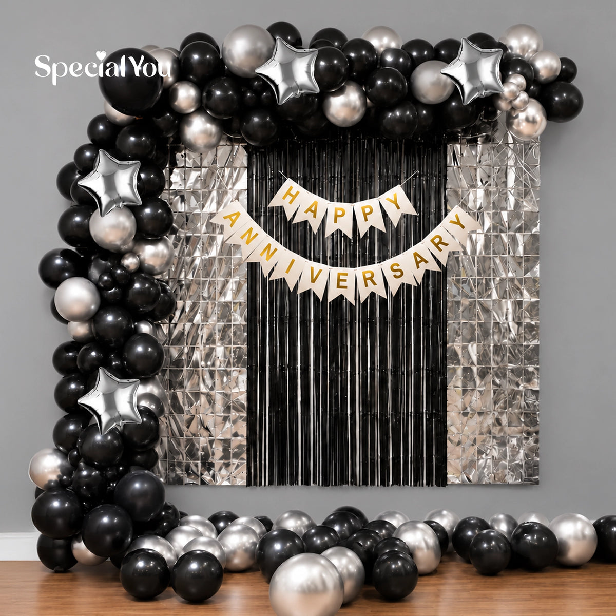 Elegant Black & Silver Anniversary Balloon Decoration
