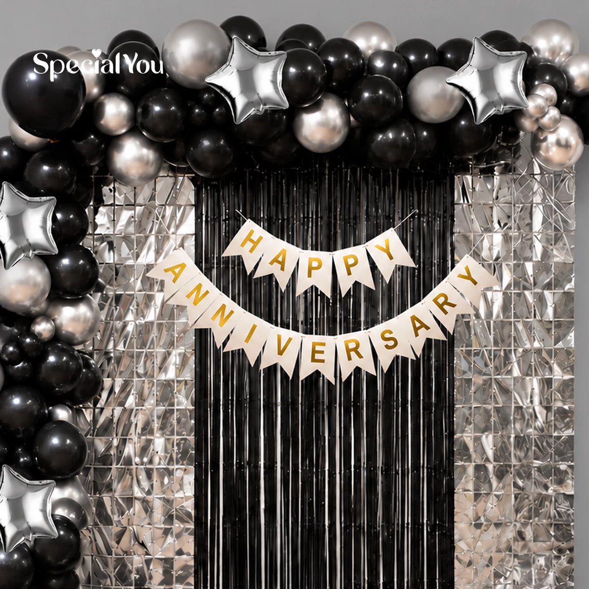 Elegant Black & Silver Anniversary Balloon Decoration