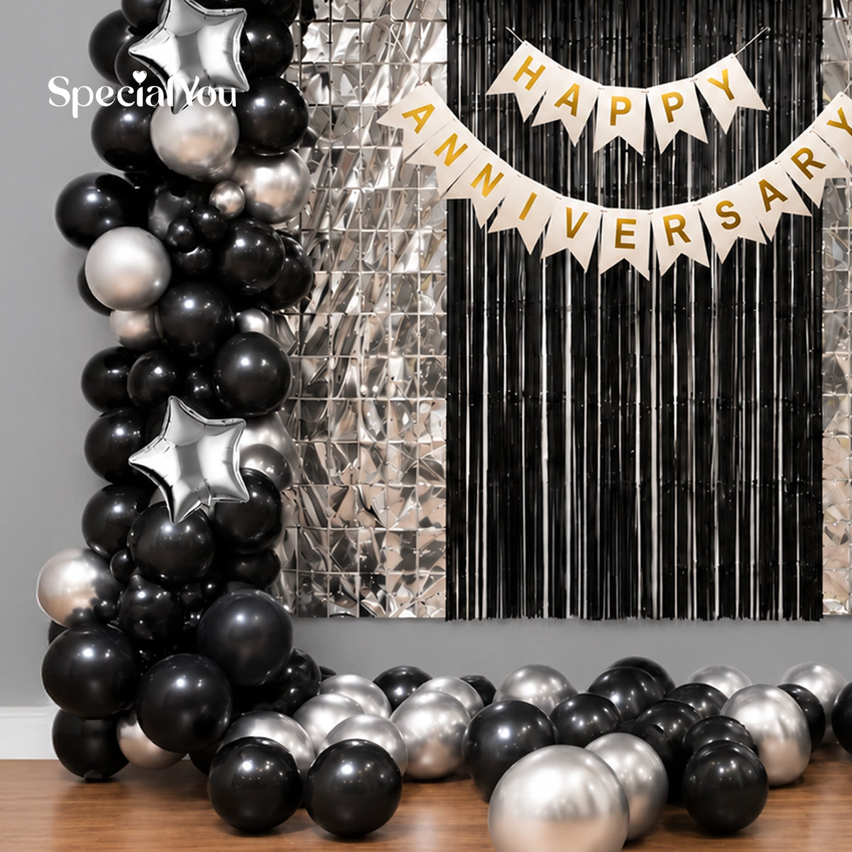 Elegant Black & Silver Anniversary Balloon Decoration