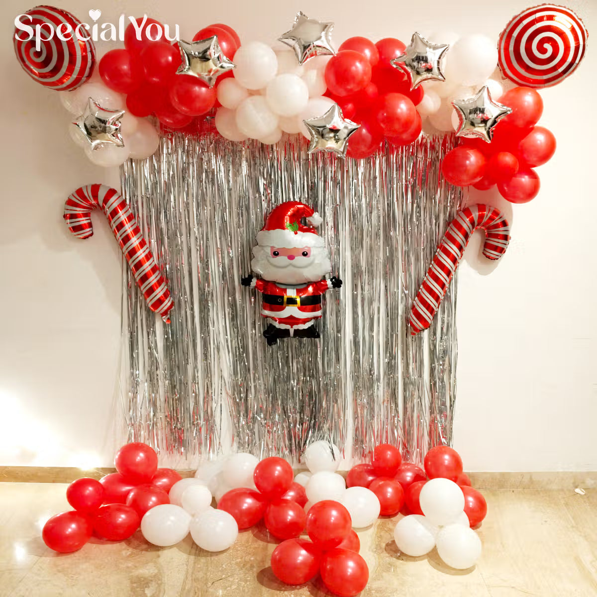 Santa Theme Christmas Balloon Backdrop with Silver Fringe