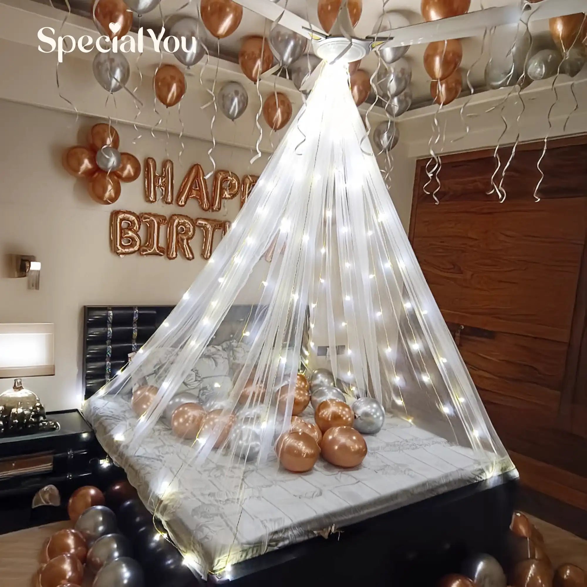 Romantic Rosegold Silver Birthday Bed Decor