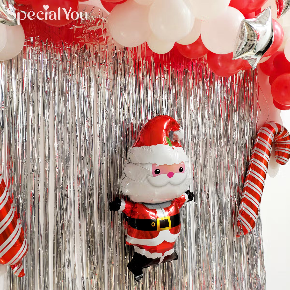 Santa Theme Christmas Balloon Backdrop with Silver Fringe
