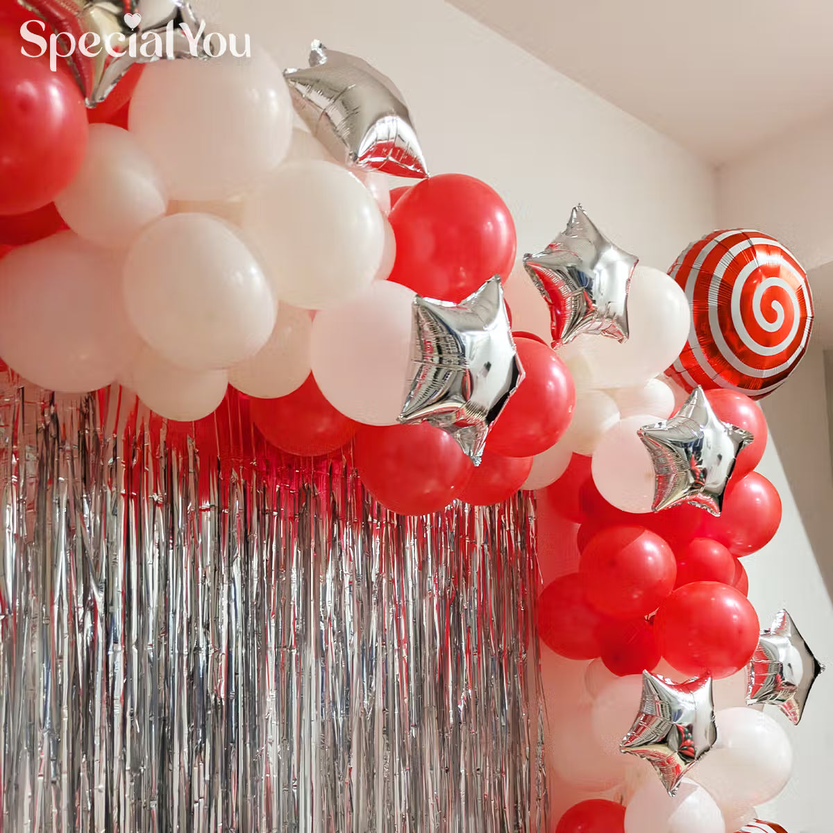 Santa Theme Christmas Balloon Backdrop with Silver Fringe