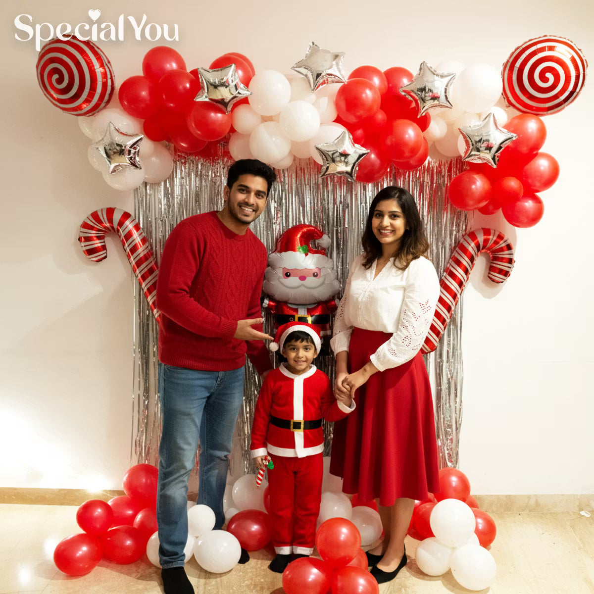 Santa Theme Christmas Balloon Backdrop with Silver Fringe
