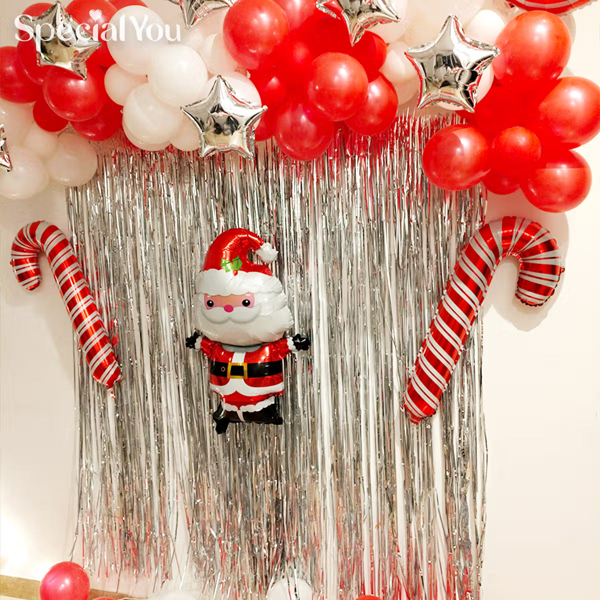 Santa Theme Christmas Balloon Backdrop with Silver Fringe
