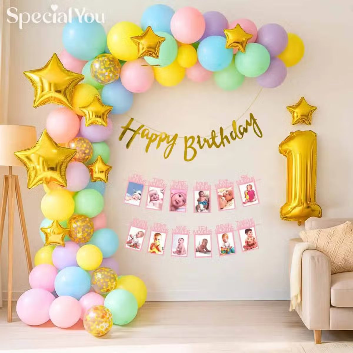 1st Birthday Balloon Decor with Golden Stars