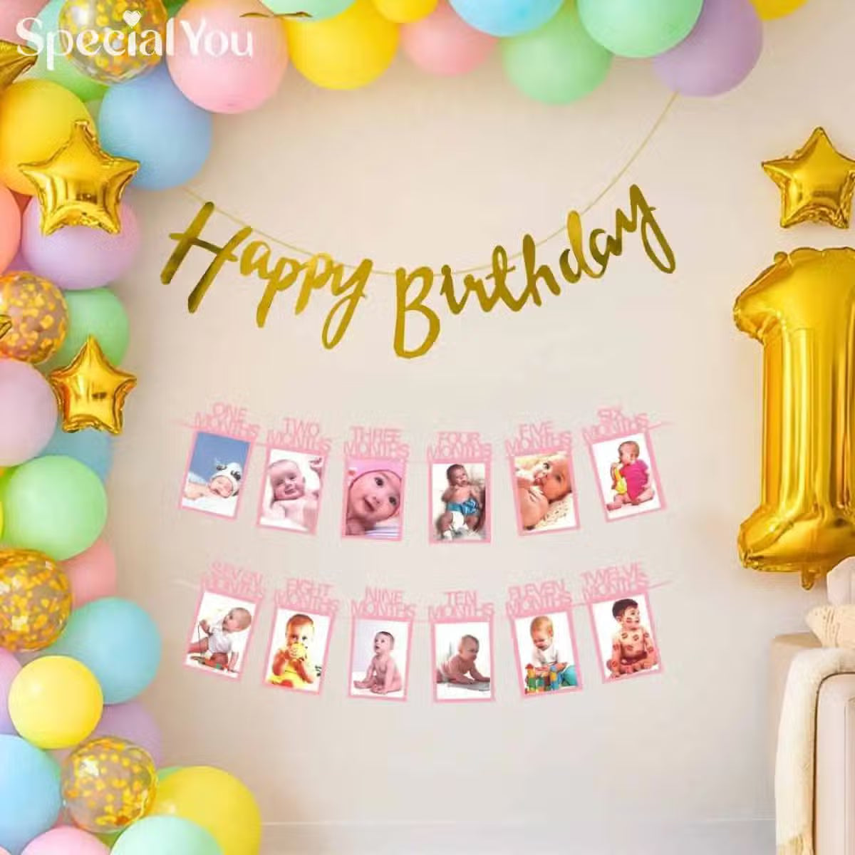 1st Birthday Balloon Decor with Golden Stars