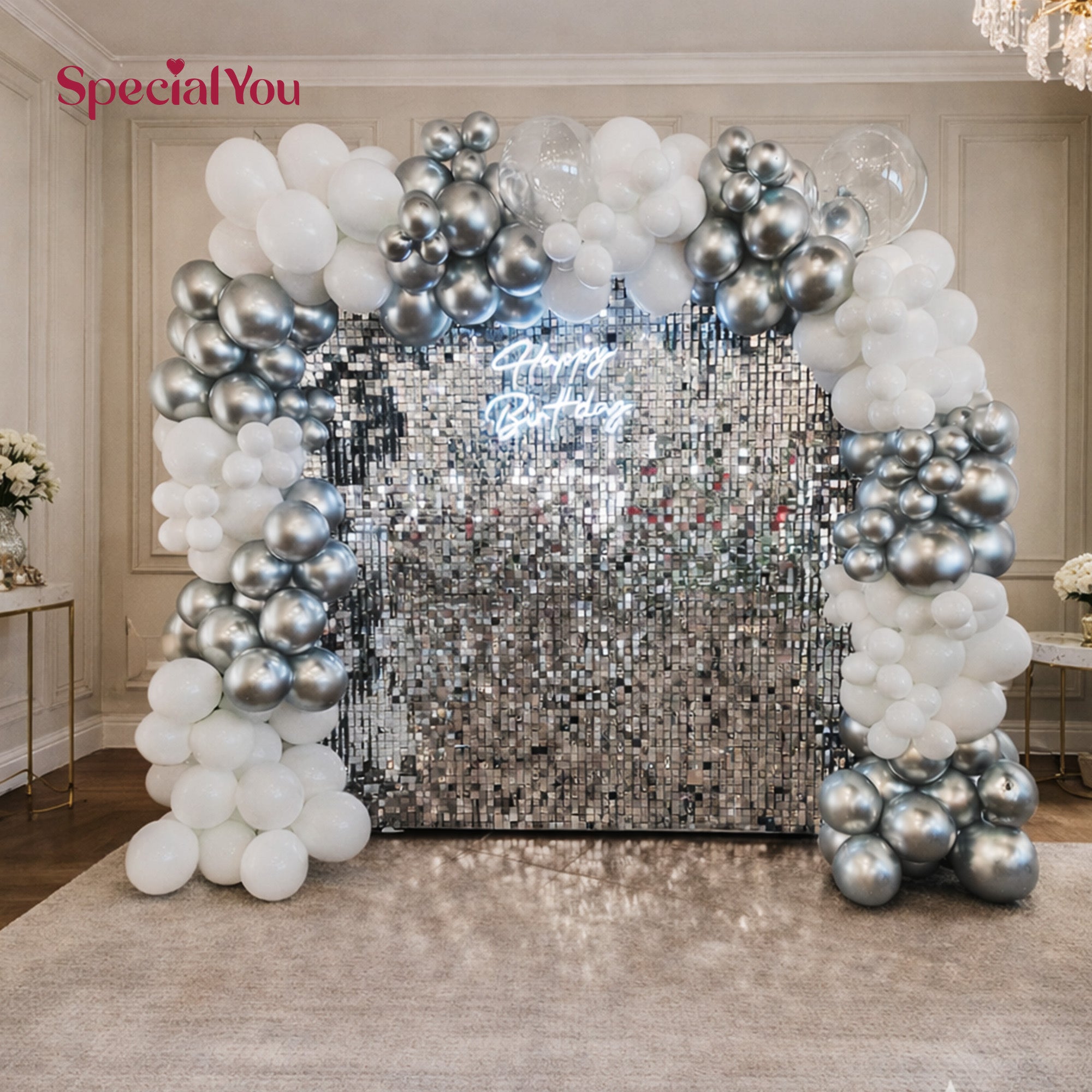 Silver White Luxury Birthday Balloon Backdrop Decoration