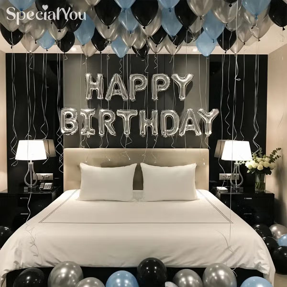 Black, Silver & Blue Birthday Balloon Room Decor