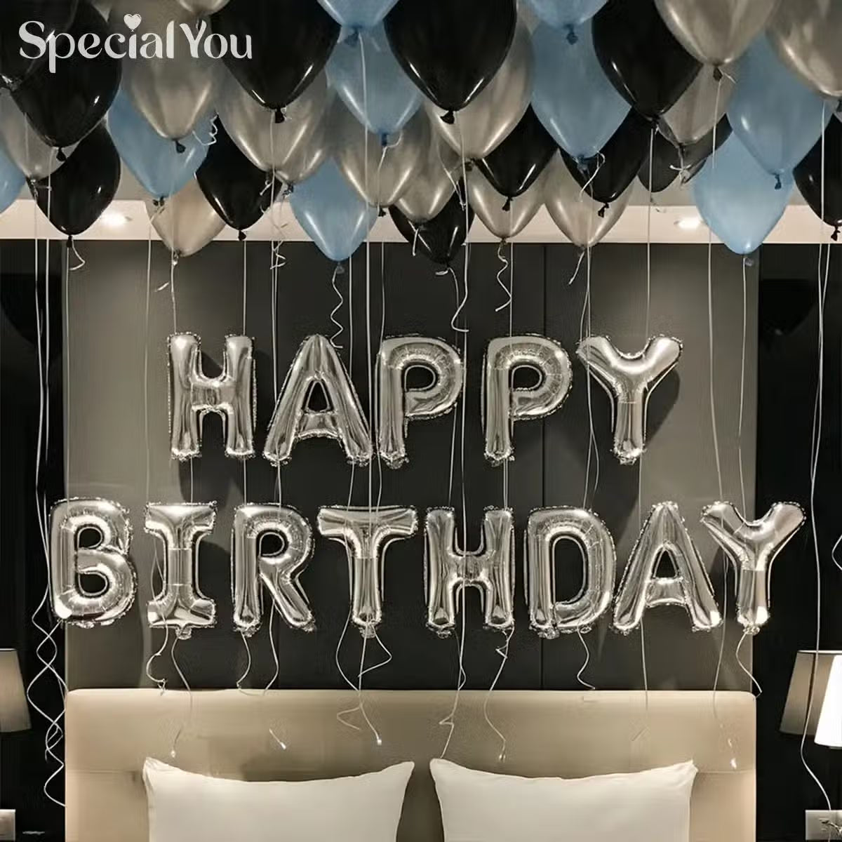 Black, Silver & Blue Birthday Balloon Room Decor