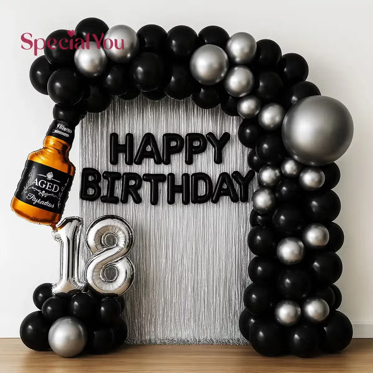 18th Birthday Black & Silver Decor with Bottle Arch