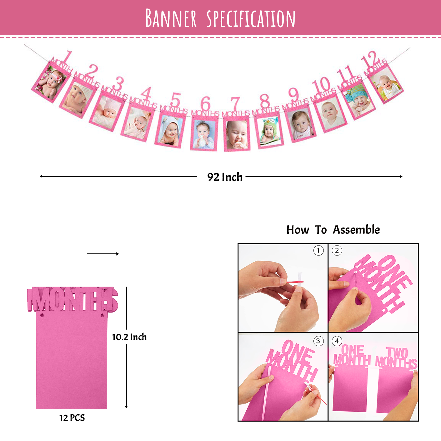 Pink Monthly Banner for 1st Birthday Decoration