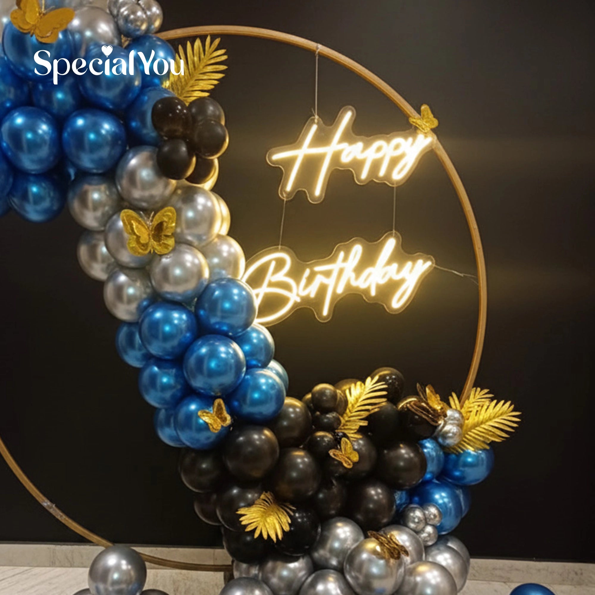 Blue & Gold Birthday Balloon Ring Backdrop Decoration