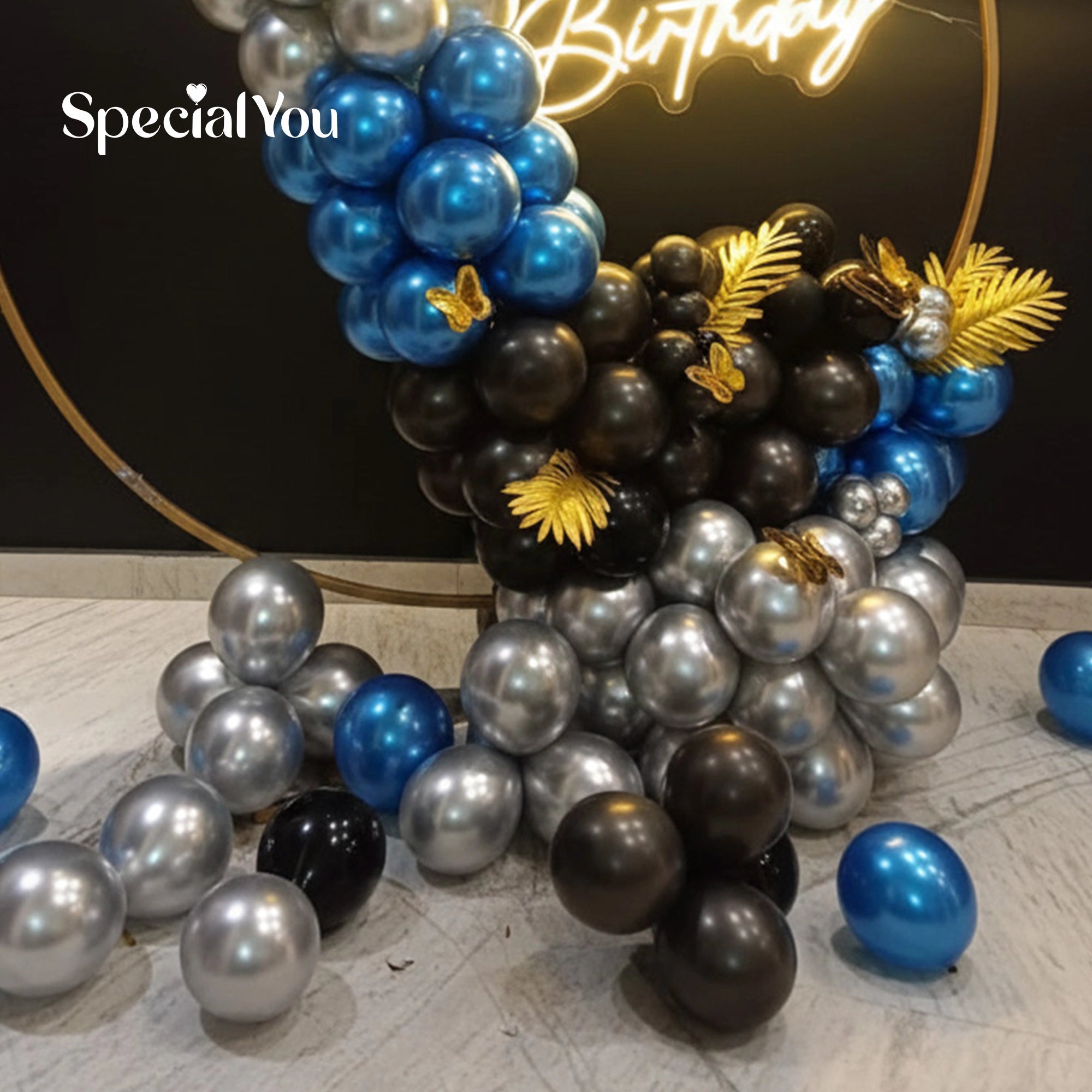 Blue & Gold Birthday Balloon Ring Backdrop Decoration