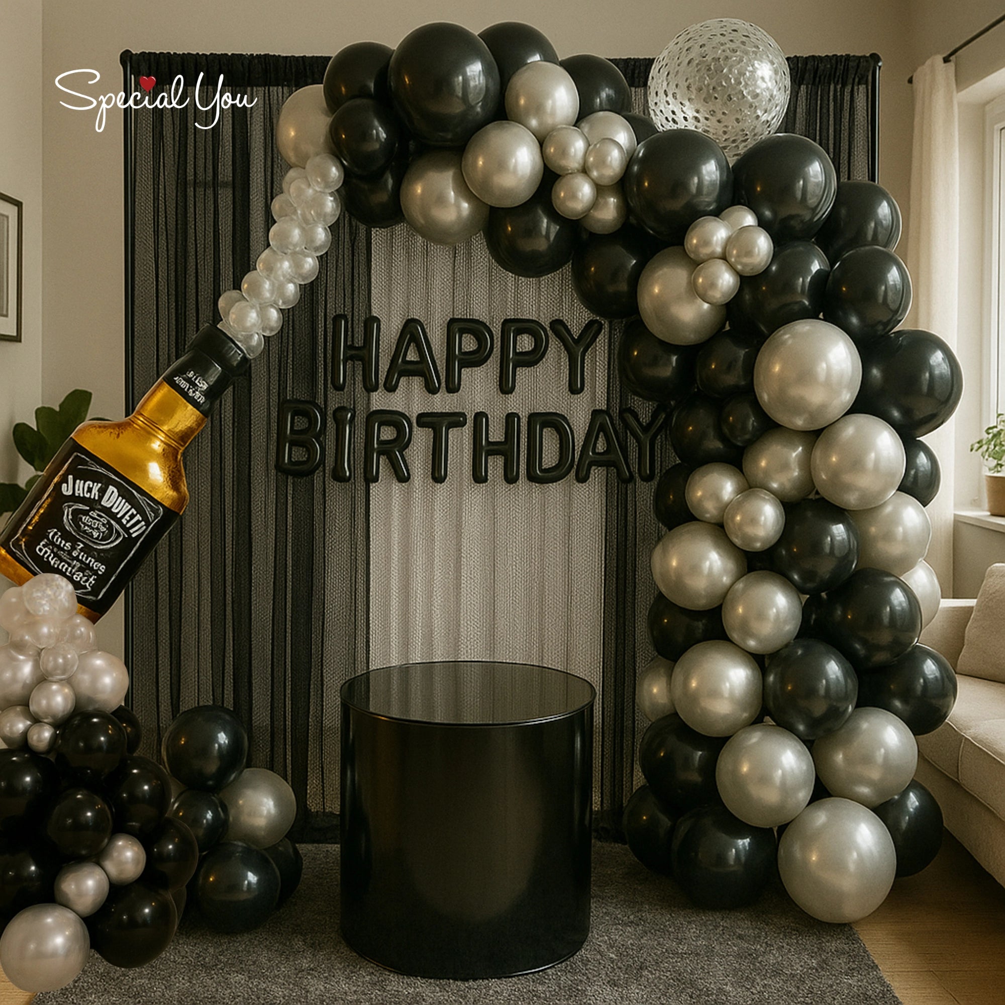 Black & Silver with Bottle Birthday Arch Decor